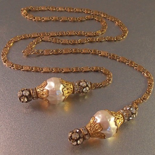 Miriam Haskell baroque pearl gilt chain lariat